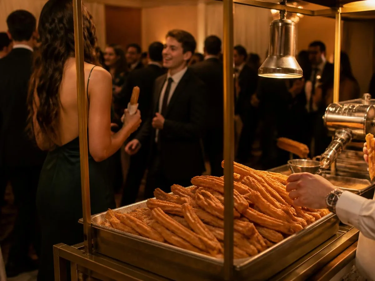 Balcão repleto de churros dourados em festa de formatura, com formandos comemorando ao fundo