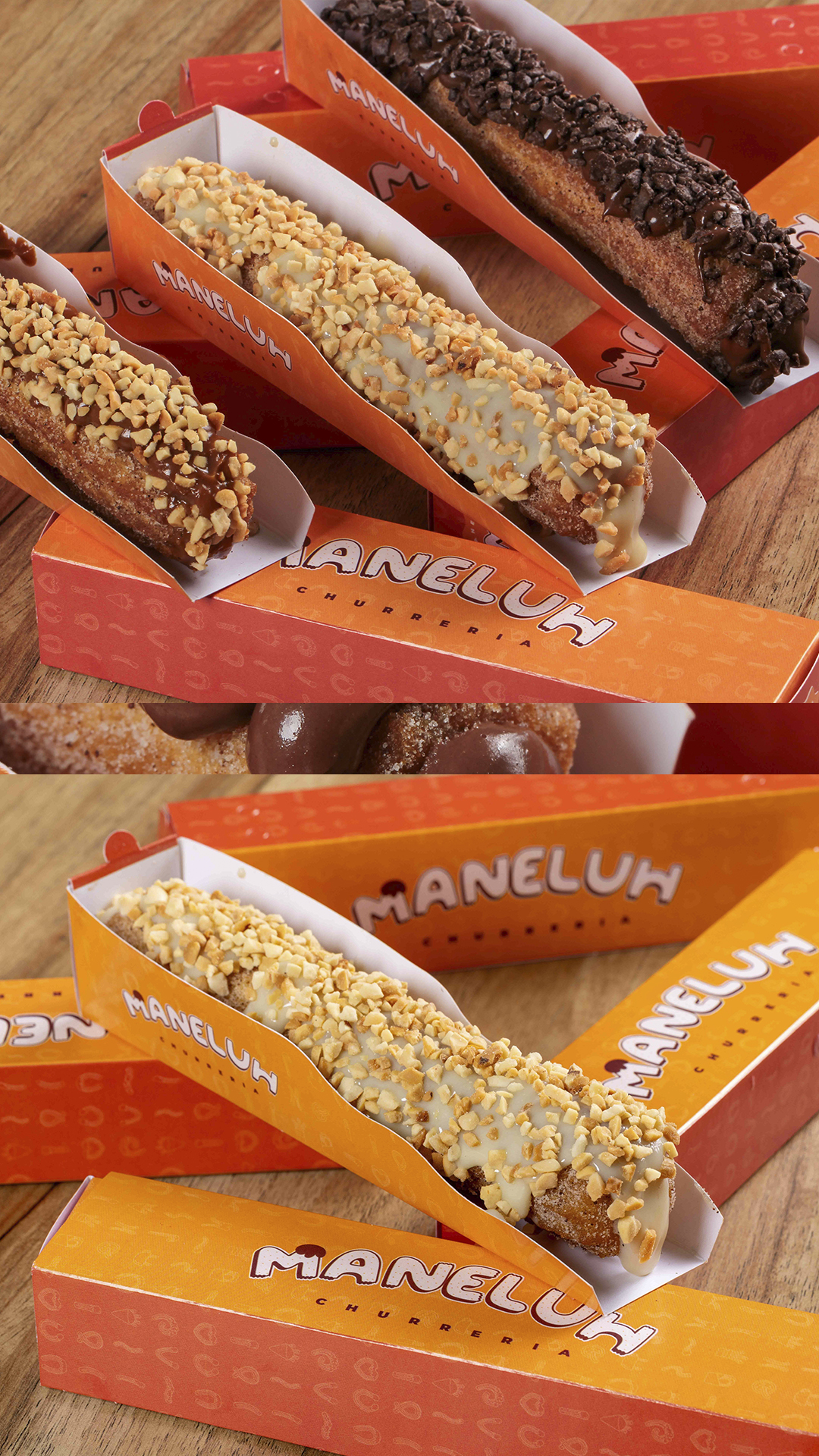 Variedades de churros com coberturas de amendoim e chocolate