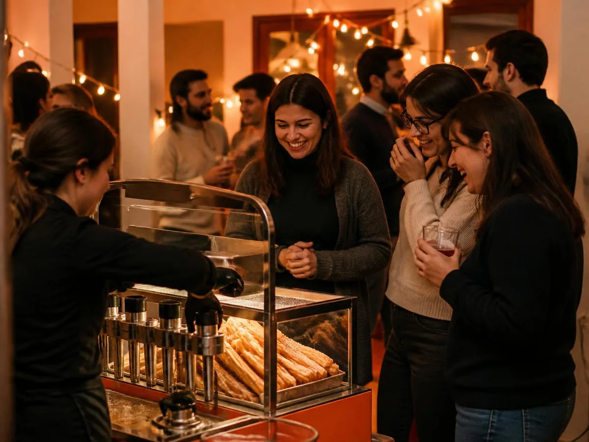 Grupo descontraído rindo diante do carrinho aquecido de churros em confraternização de fim de ano