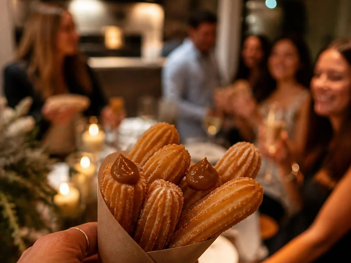 Mão segurando cone de papel com churros cobertos de doce de leite em comemoração intimista