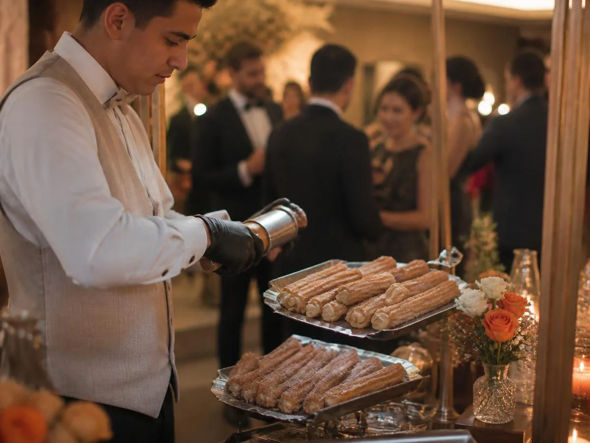 Bandejas de churros recheados em recepção de casamento à noite, com convidados elegantes ao fundo